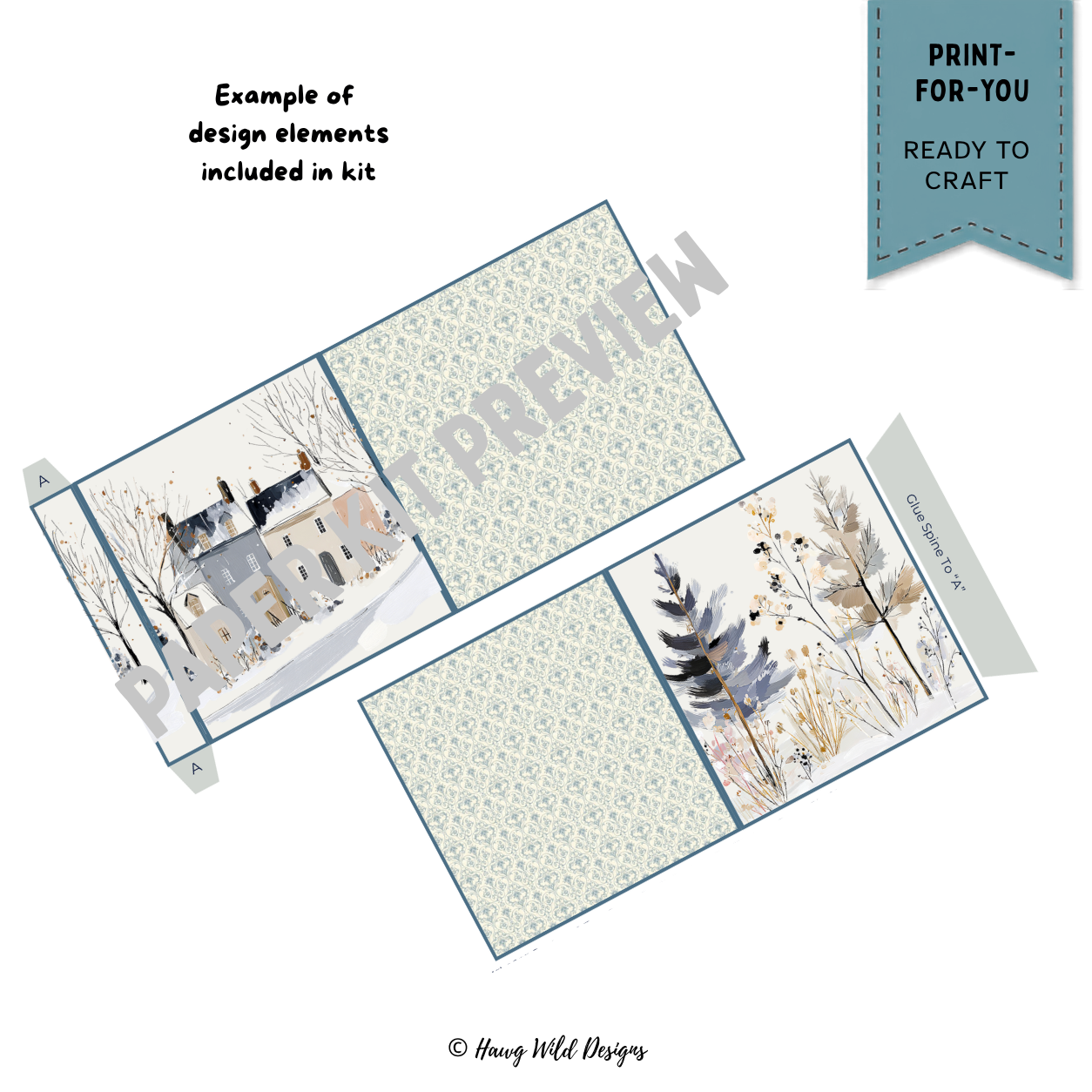 Winter Blues mini accordion journal pieces with snowy houses winter trees and vintage blue pattern