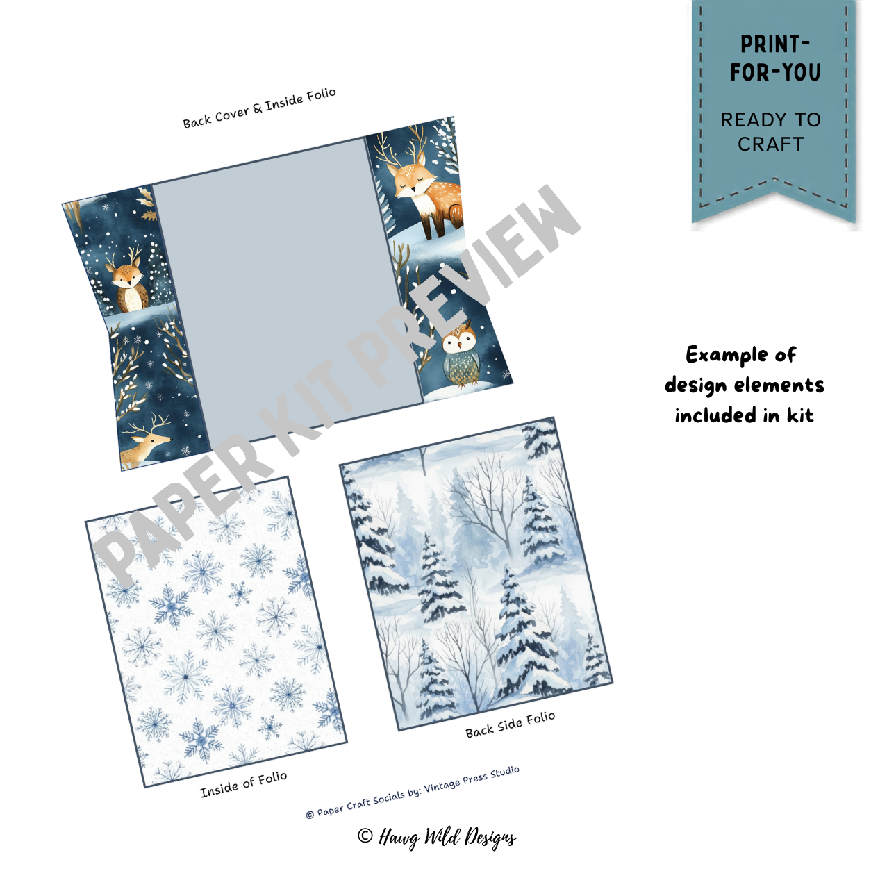 Woodland Winter Shadow Box Book paper craft pieces with owl, deer, fox and navy winter forest artwork