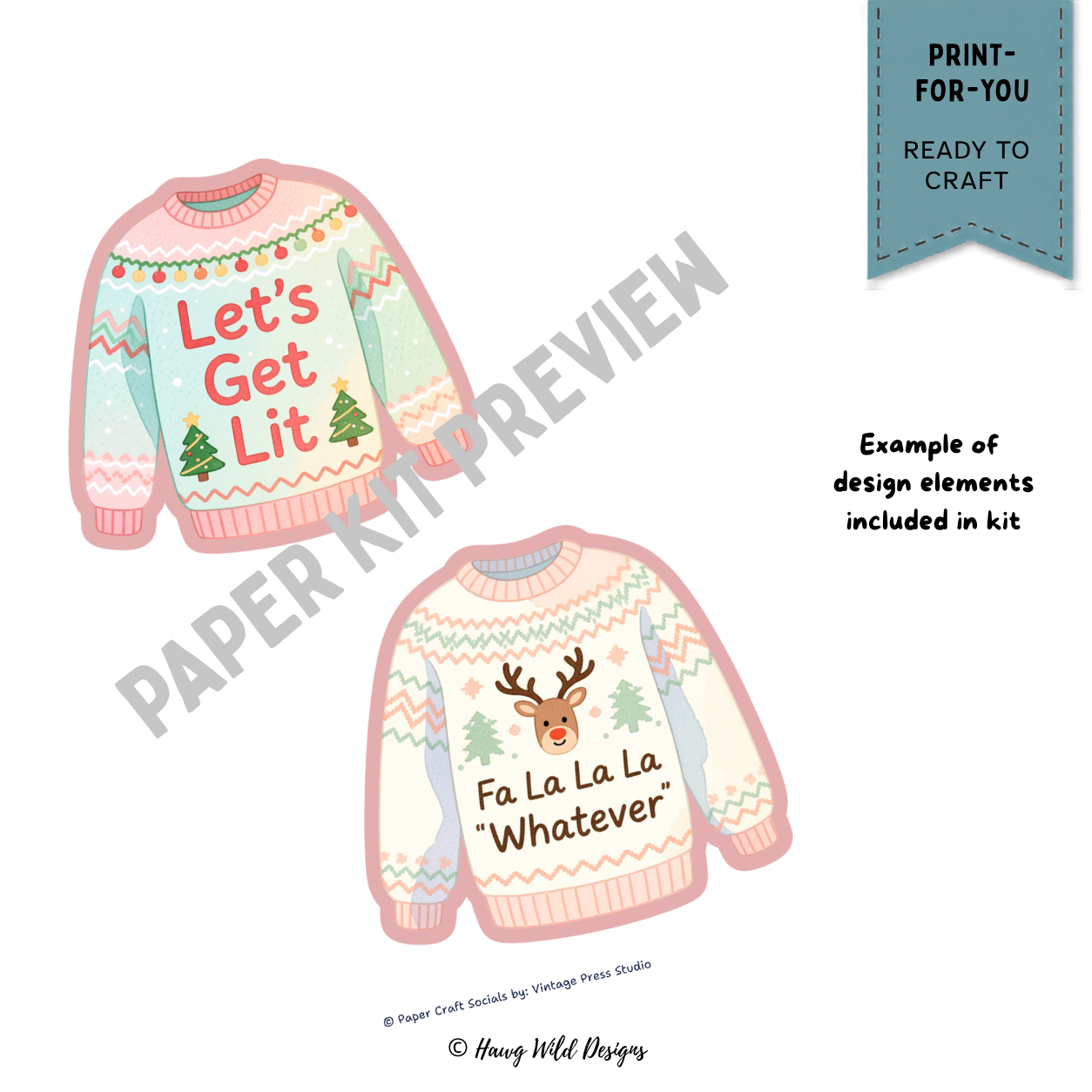 Ugly Christmas sweater gift tags with Let's Get Lit and Fa La La La Whatever holiday sayings
