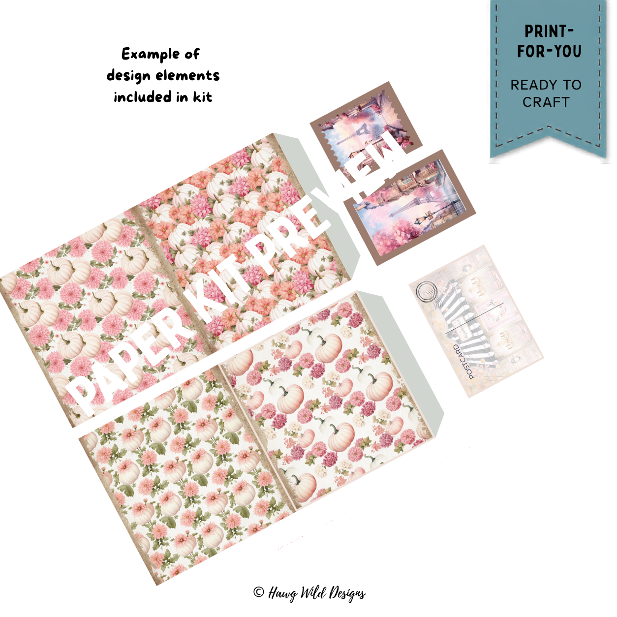 Paris in fall accordion journal pieces with pink pumpkins, autumn flowers, Eiffel Tower postcards and coordinating paper panels