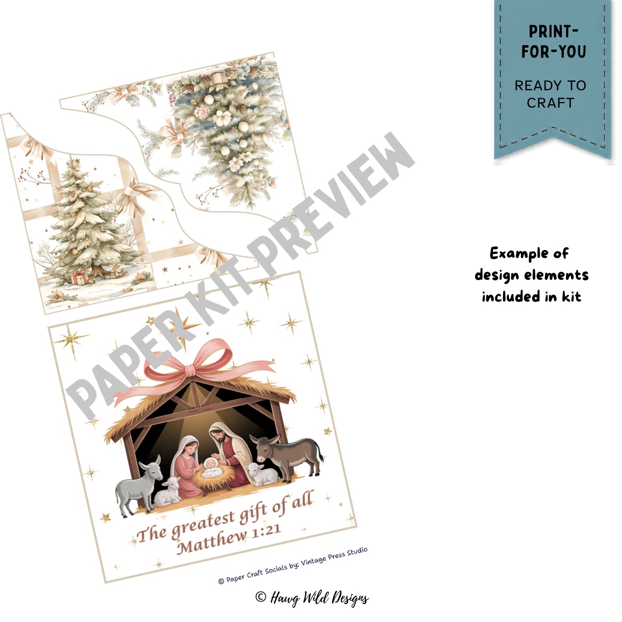 Silent Night Christmas flip-out folio pieces with decorated Christmas tree and nativity scene featuring Mary, Joseph, baby Jesus, lambs and donkeys