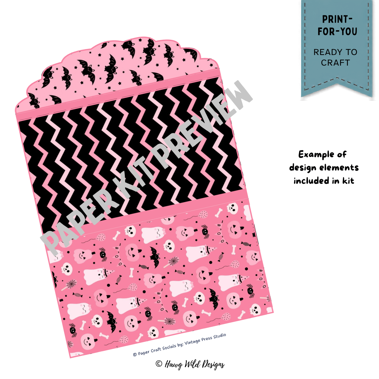 Pink and black Halloween pocket folio page with bats, chevron pattern, ghosts, pumpkins and spooky cute design elements