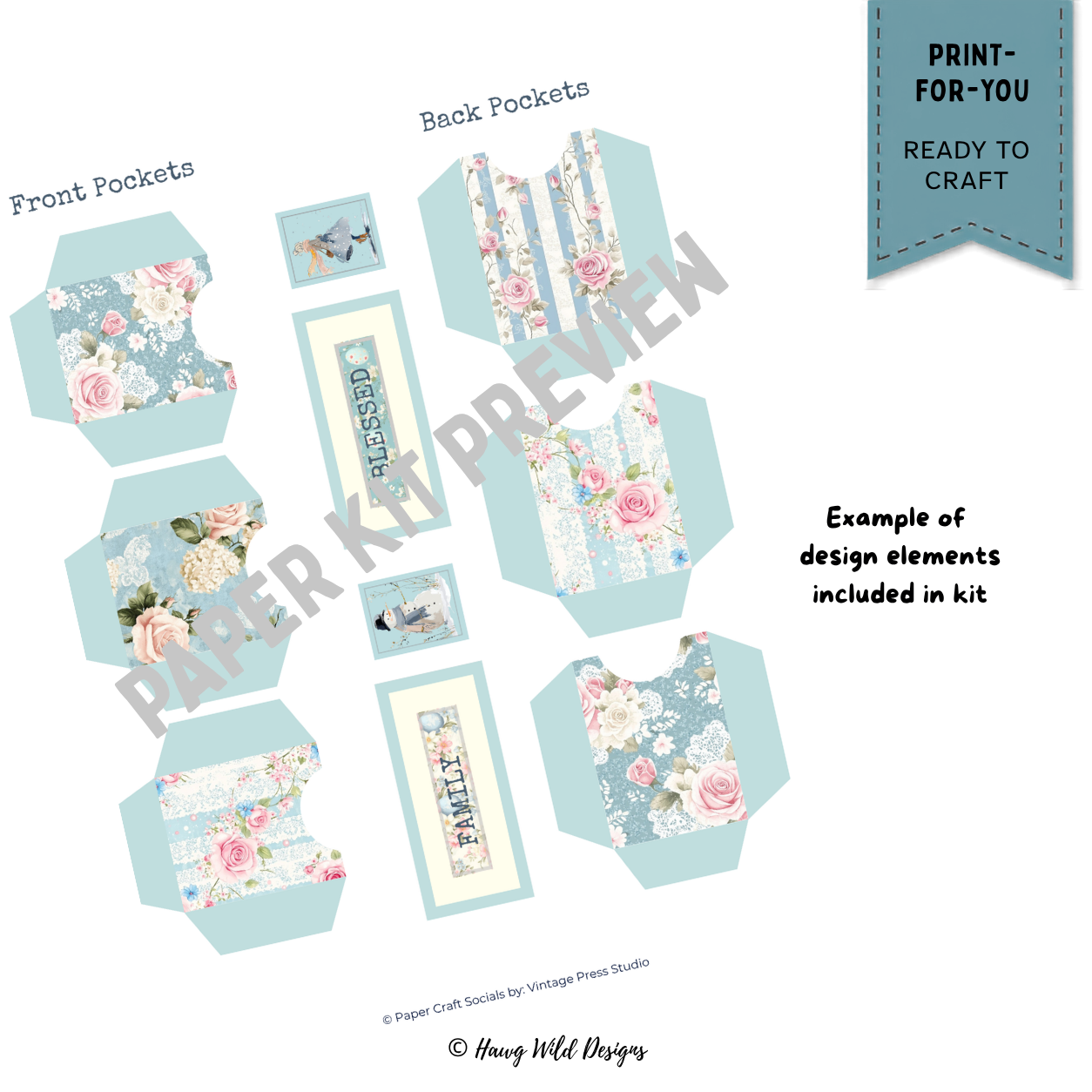 Shabby Winter front and back journal pockets with blue roses winter florals and labels