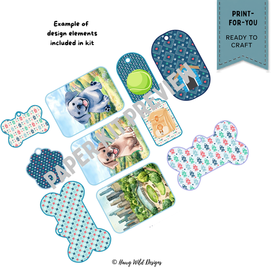 Dog-themed junk journal ephemera with puppy illustrations, dog house tags, tennis ball, dog food, bones, hydrants and park scene