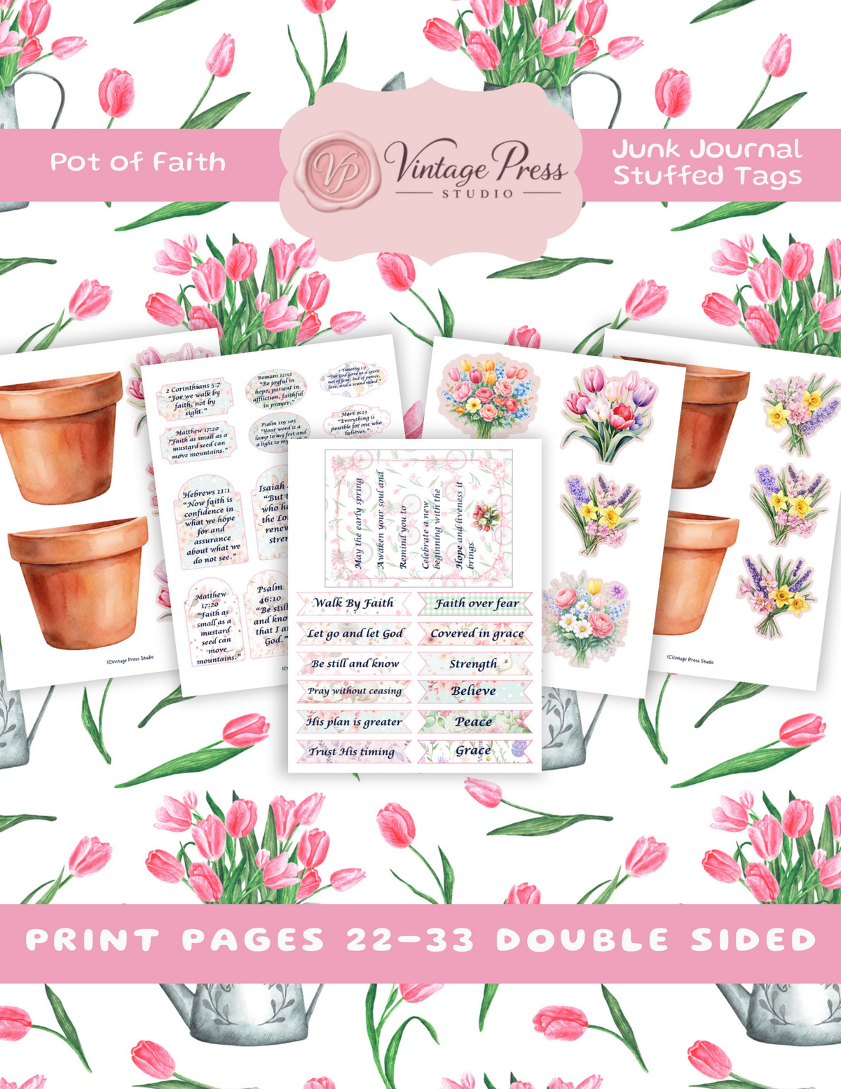 Bundle of Faith Pot of Faith stuffed tag pages with flower pots, tulip bouquets, scripture-inspired tags and faith encouragement phrases