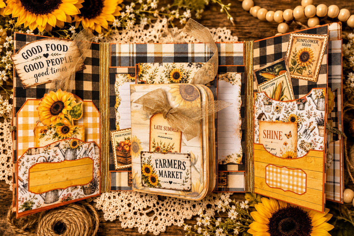 Sunflower Harvest Junk Journal Folio open to interactive farmhouse pages with Farmers Market booklet, sunflower pockets, journaling cards, seed-packet ephemera, gingham patterns, and ribbon details.