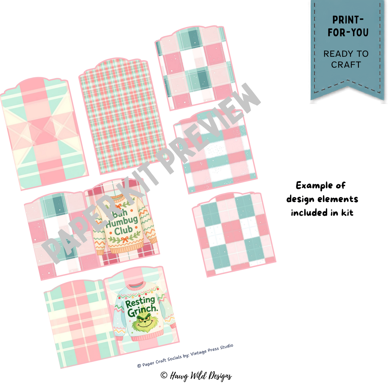 Christmas journal pockets and ugly sweater tags in pink mint and cream plaid with Bah Humbug and Resting Grinch designs