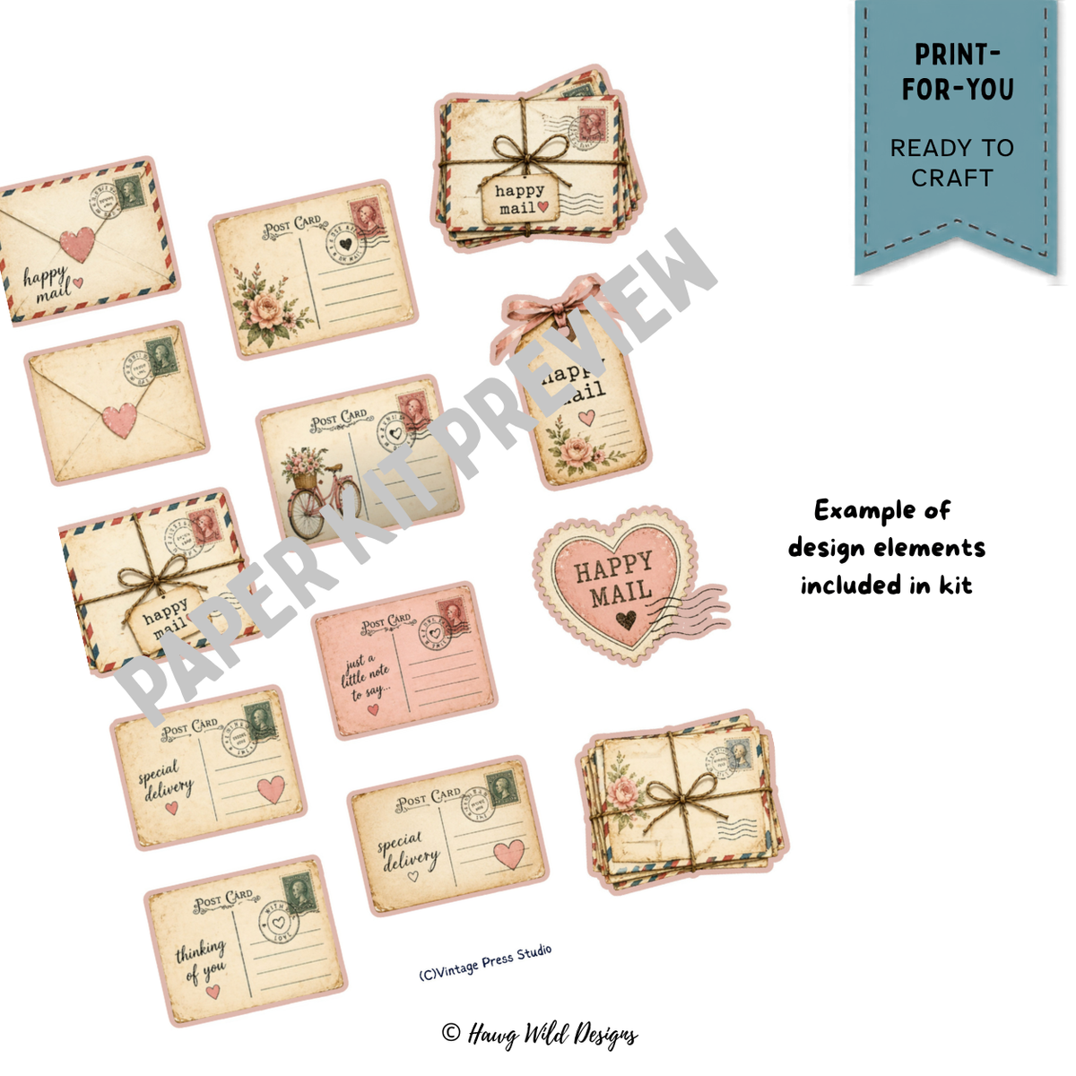 Vintage Happy Mail postcards, envelopes, floral tags and postal ephemera in soft pink and cream for junk journals and pen pals