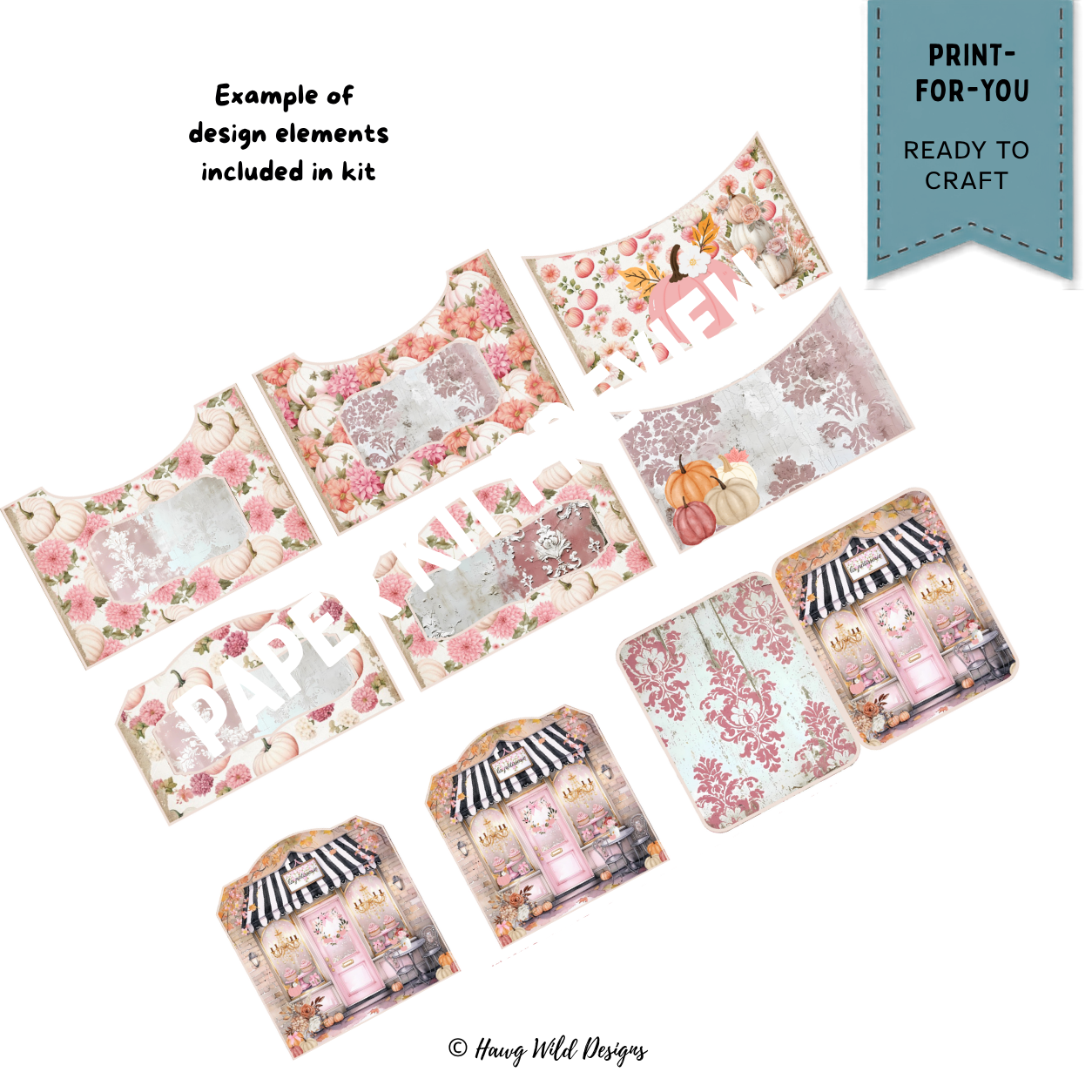 Paris à l’Automne mini journal components with pink and white pumpkins, vintage damask pockets and Paris café panels