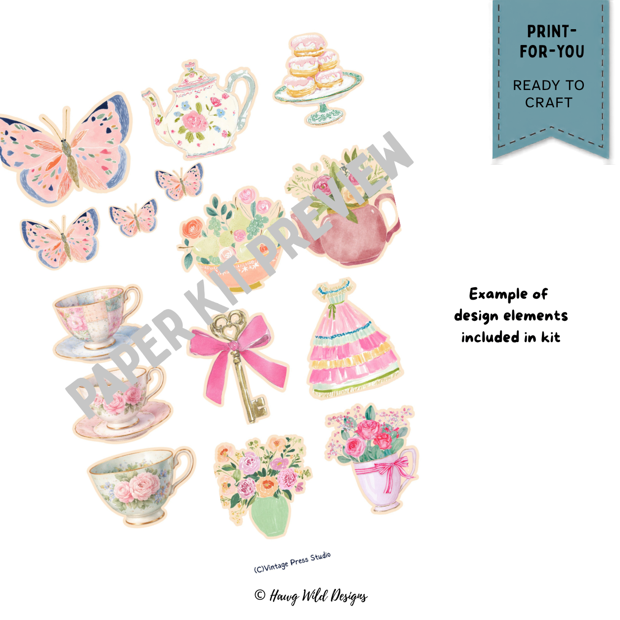 Afternoon Tea Junk Journal paper craft elements with floral teacups, butterfly, teapot, pastries, flowers, vintage key and pink dress