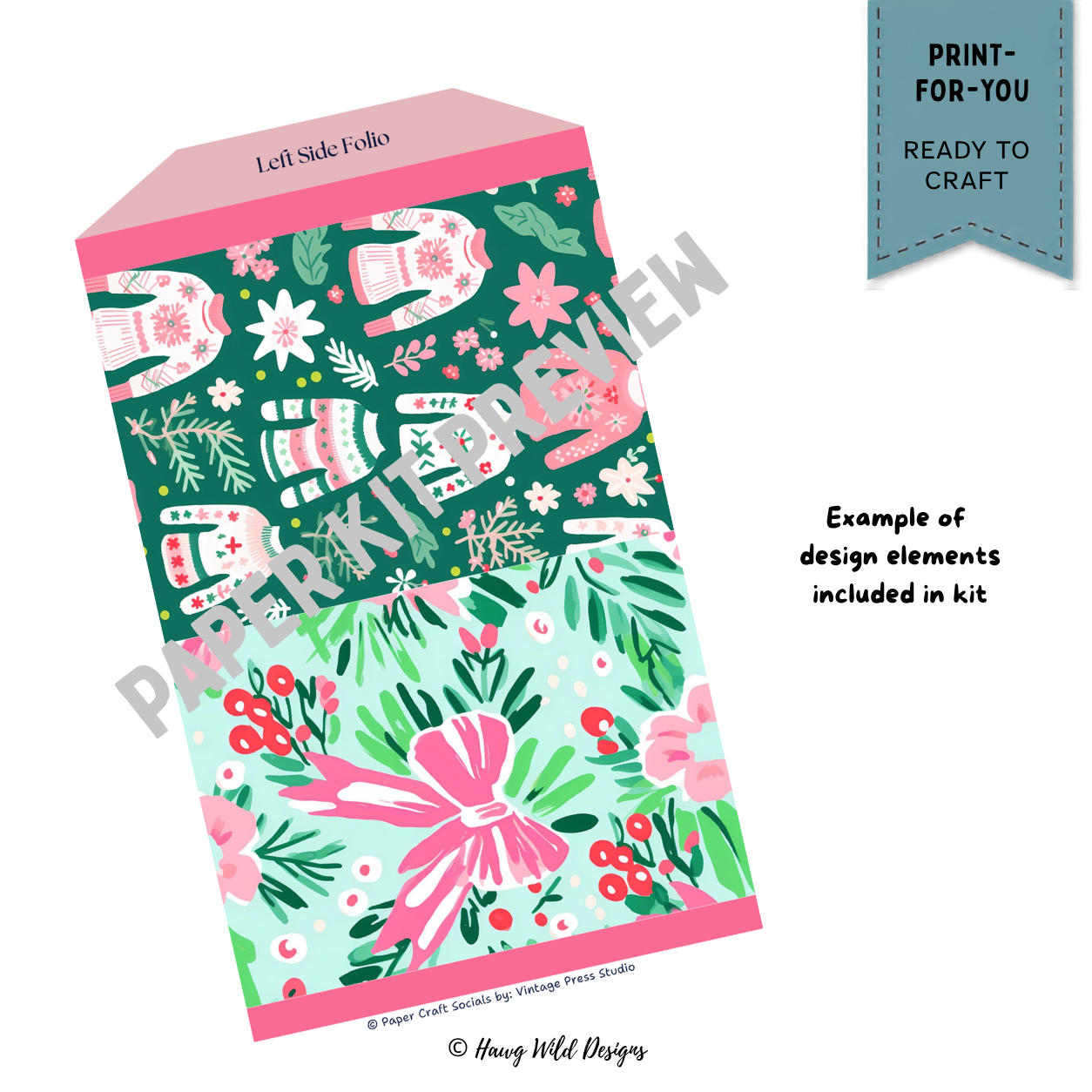 Christmas Ephemera Keeper left-side folio piece with pink, green and mint Christmas sweater and holiday bow patterns