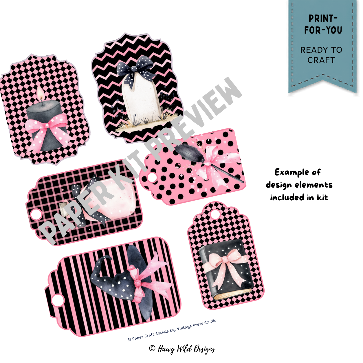 Bows and Boos Halloween tags with pink and black patterns, witch hat, potion bottle, candle, book and bow designs