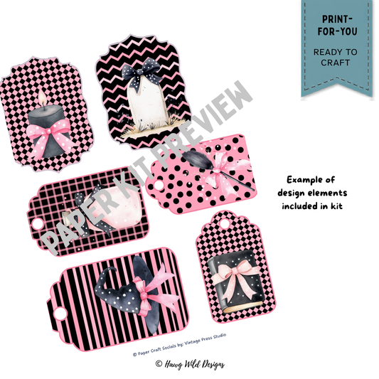 Bows and Boos Halloween tags with pink and black patterns, witch hat, potion bottle, candle, book and bow designs