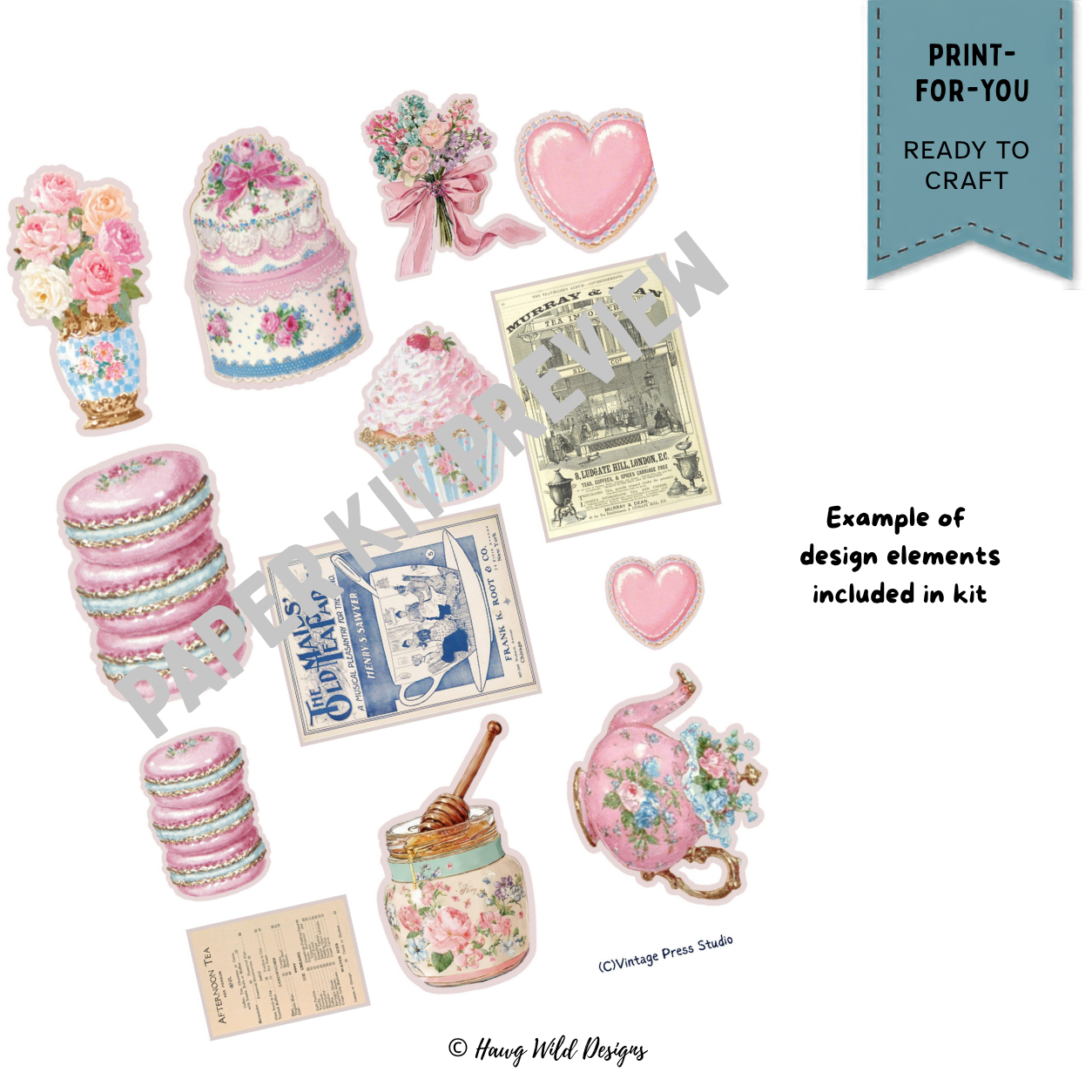Vintage tea party paper ephemera with macarons, cake, flowers, teapot, honey jar, heart and antique tea advertisements
