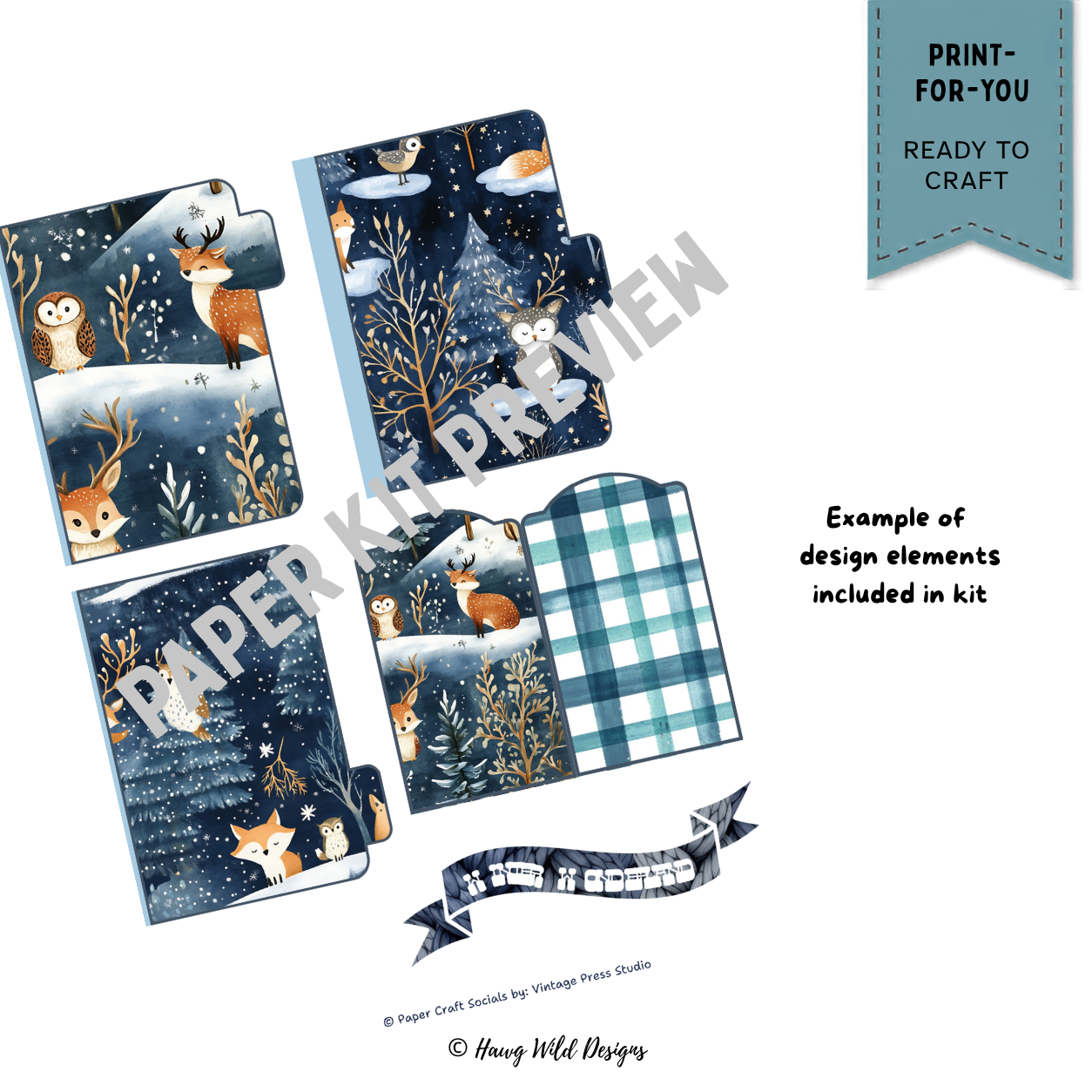 Winter woodland paper craft pages featuring foxes, deer, owls, blue plaid and snowy forest artwork