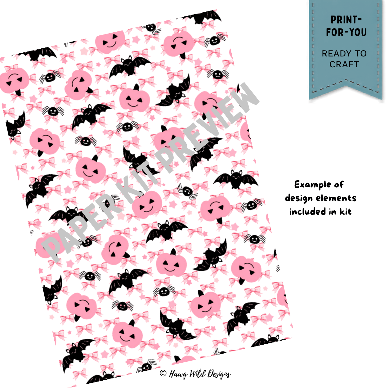 White Halloween paper with pink pumpkins, black bats, spiders and pink bows from the Spooktacular Pink Paper Pack
