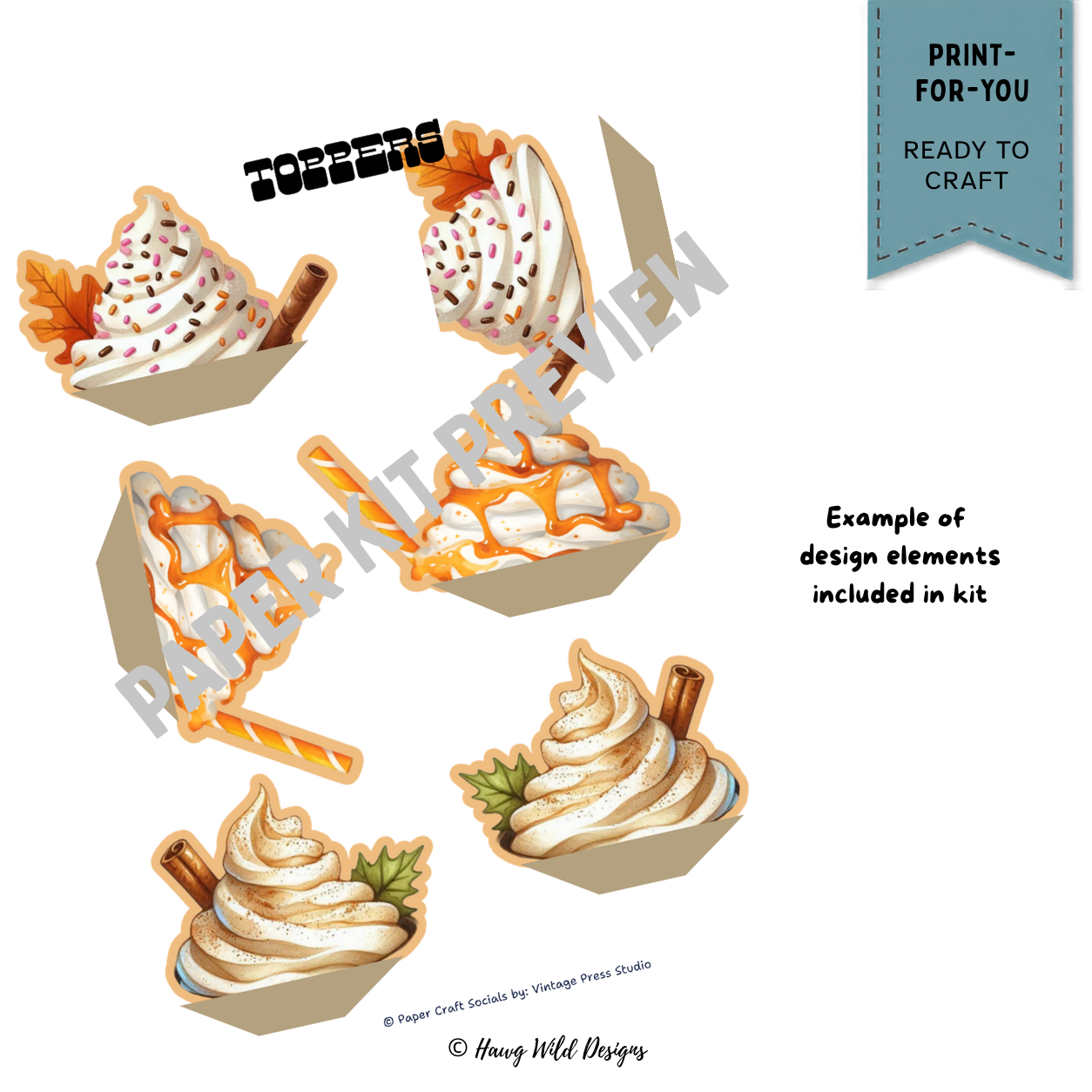 Pumpkin spice latte paper craft toppers with whipped cream, cinnamon sticks, fall leaves and autumn drink accents