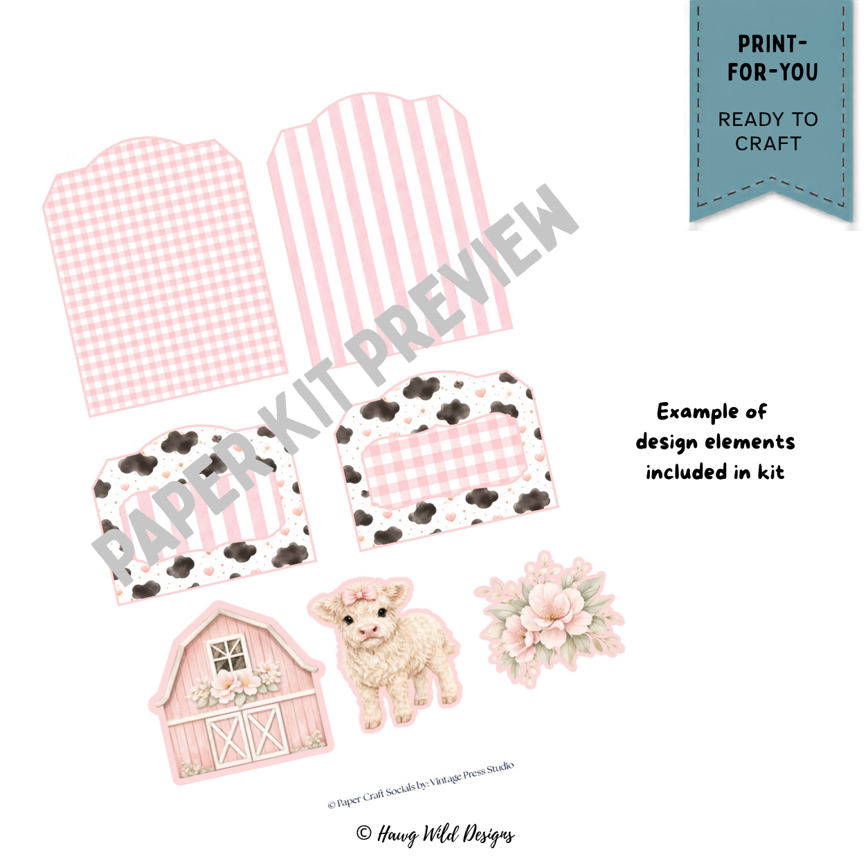 Lil’ Moo-la Farm paper craft pieces with pink gingham and striped pockets, cow print, pink barn, Baby Mona cow and floral embellishment