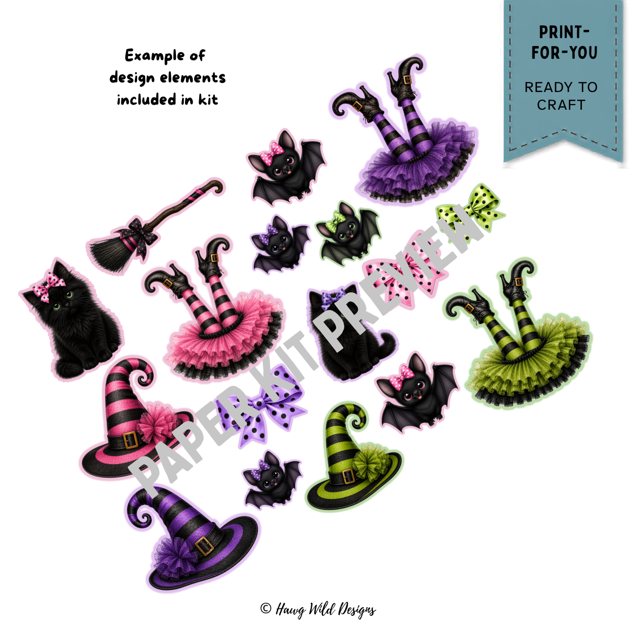 SummerWeen Halloween ephemera with black cats bats witch hats bows broom and witch legs