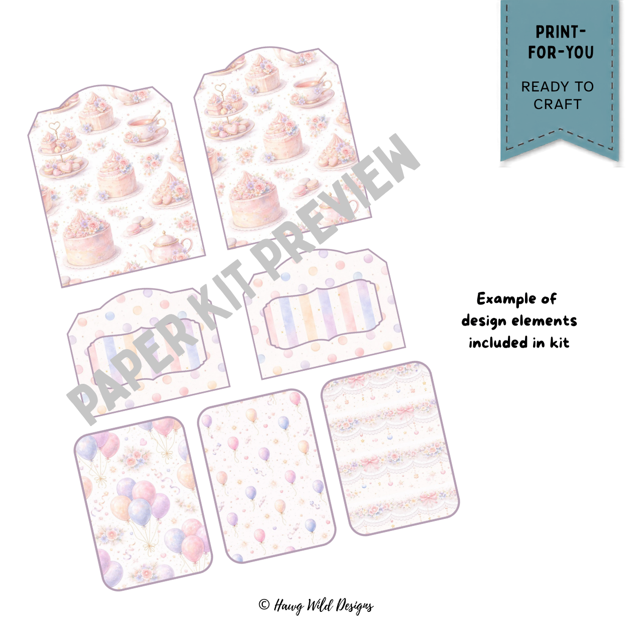 Birthday Cupcake folio pockets and tags with pastel cakes, balloons, florals, stripes and party patterns