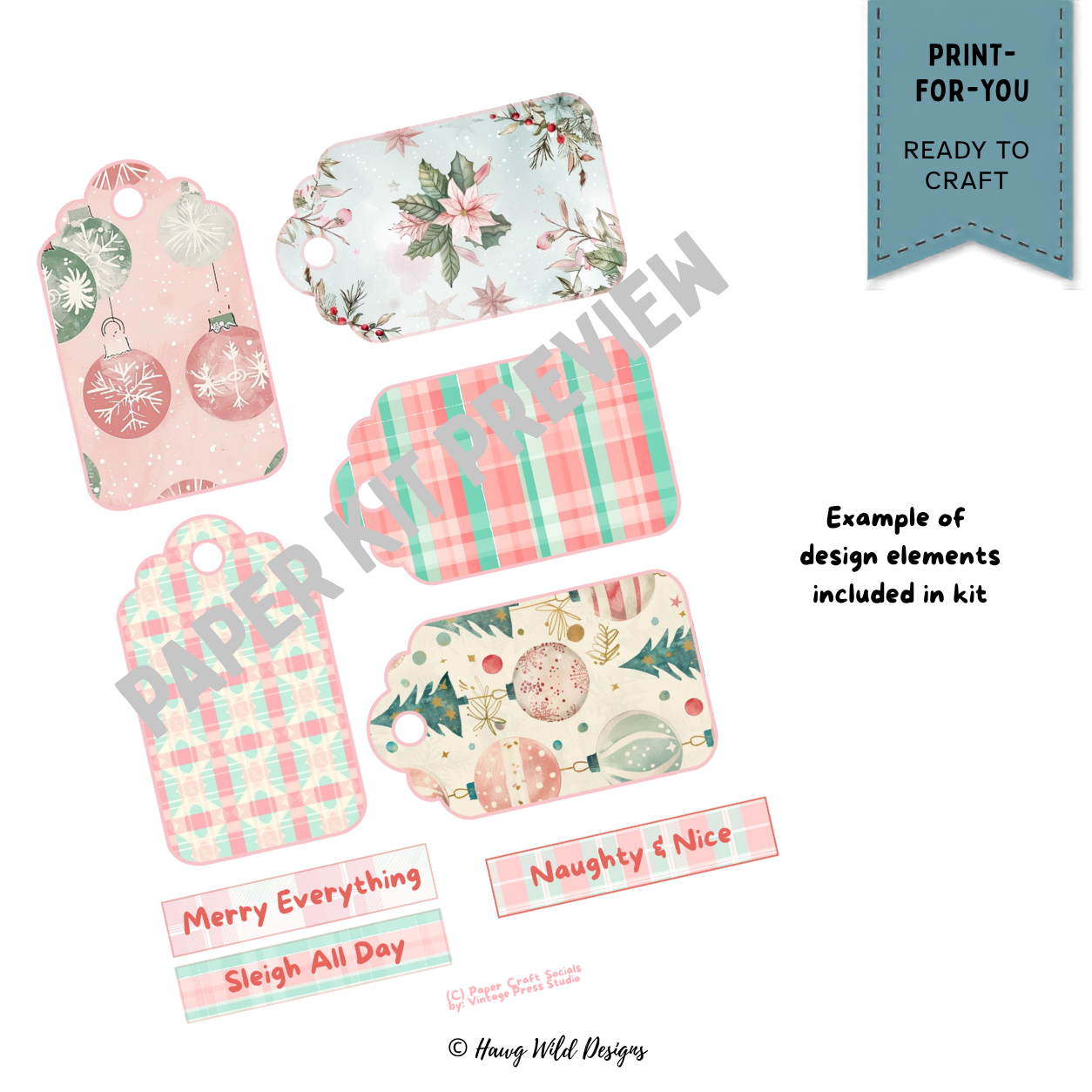 Christmas gift tags with pastel ornaments, poinsettia florals, plaid patterns and festive sayings from the Ugly Sweater Party kit