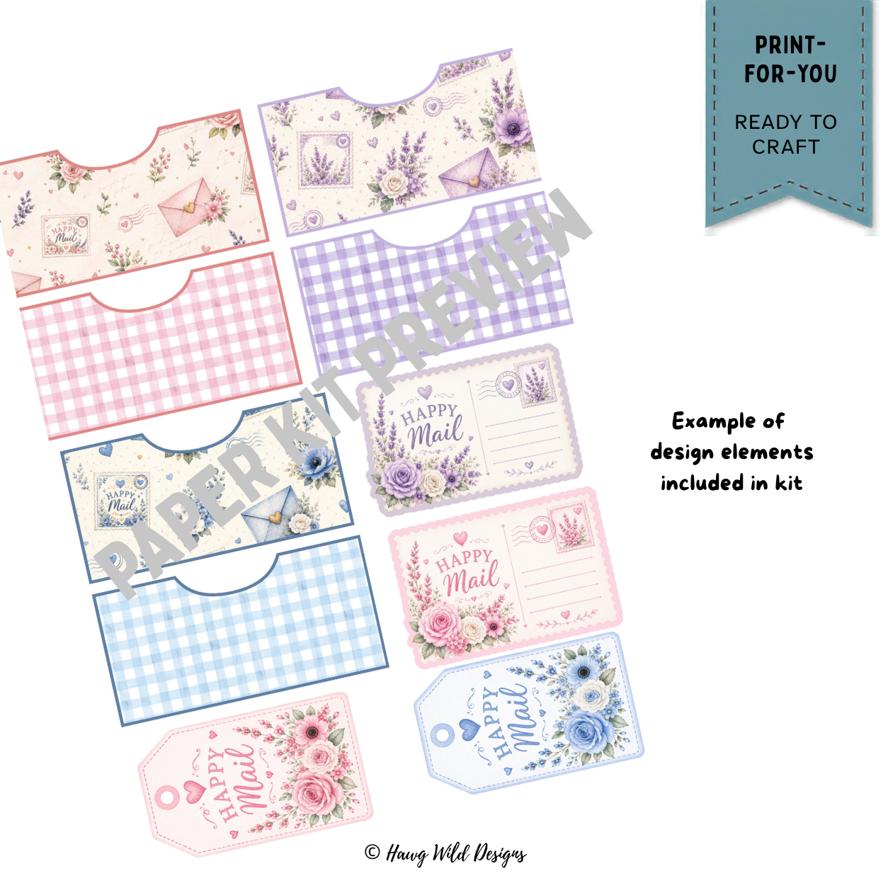 Happy Mail paper craft pockets and tags in pink lavender and blue with roses, gingham, envelopes and postcard-style designs
