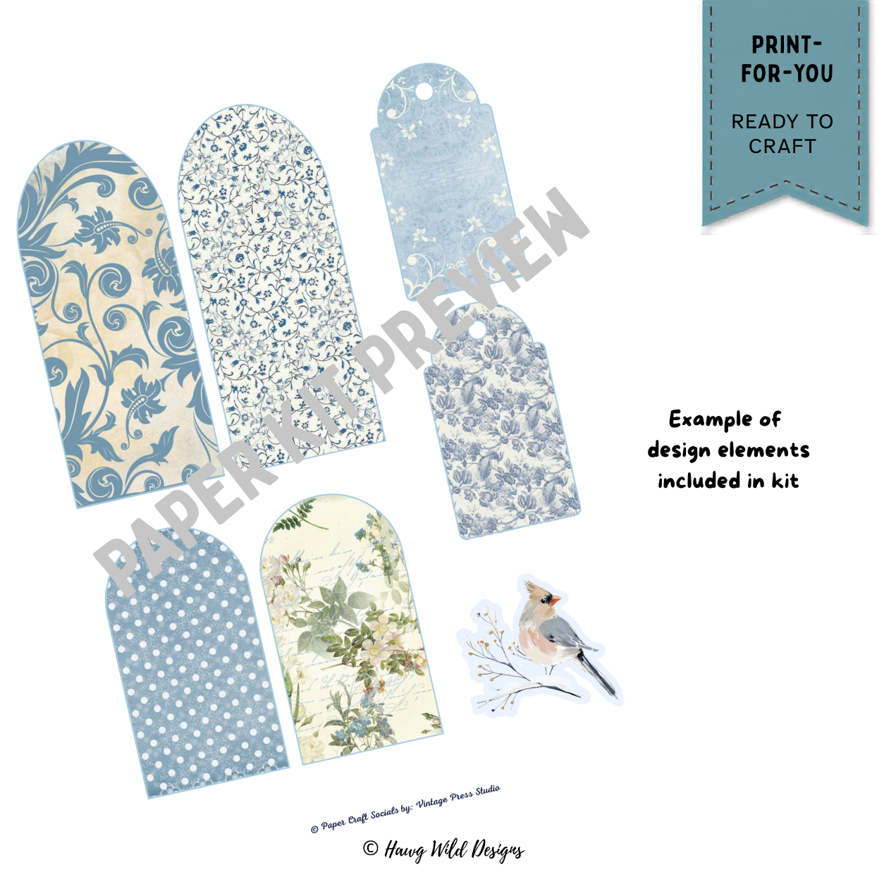 Vintage blue floral and toile journal tags with botanical bird embellishment