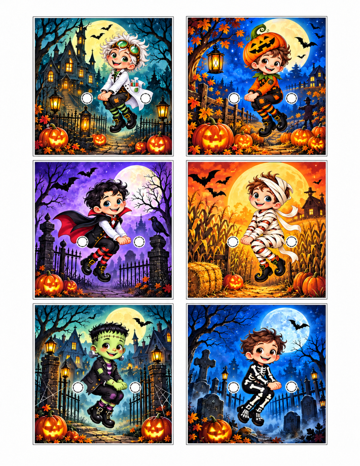 Six Halloween printable lollipop card fronts featuring cute boy characters dressed as a mad scientist, pumpkin, vampire, mummy, Frankenstein monster and skeleton.