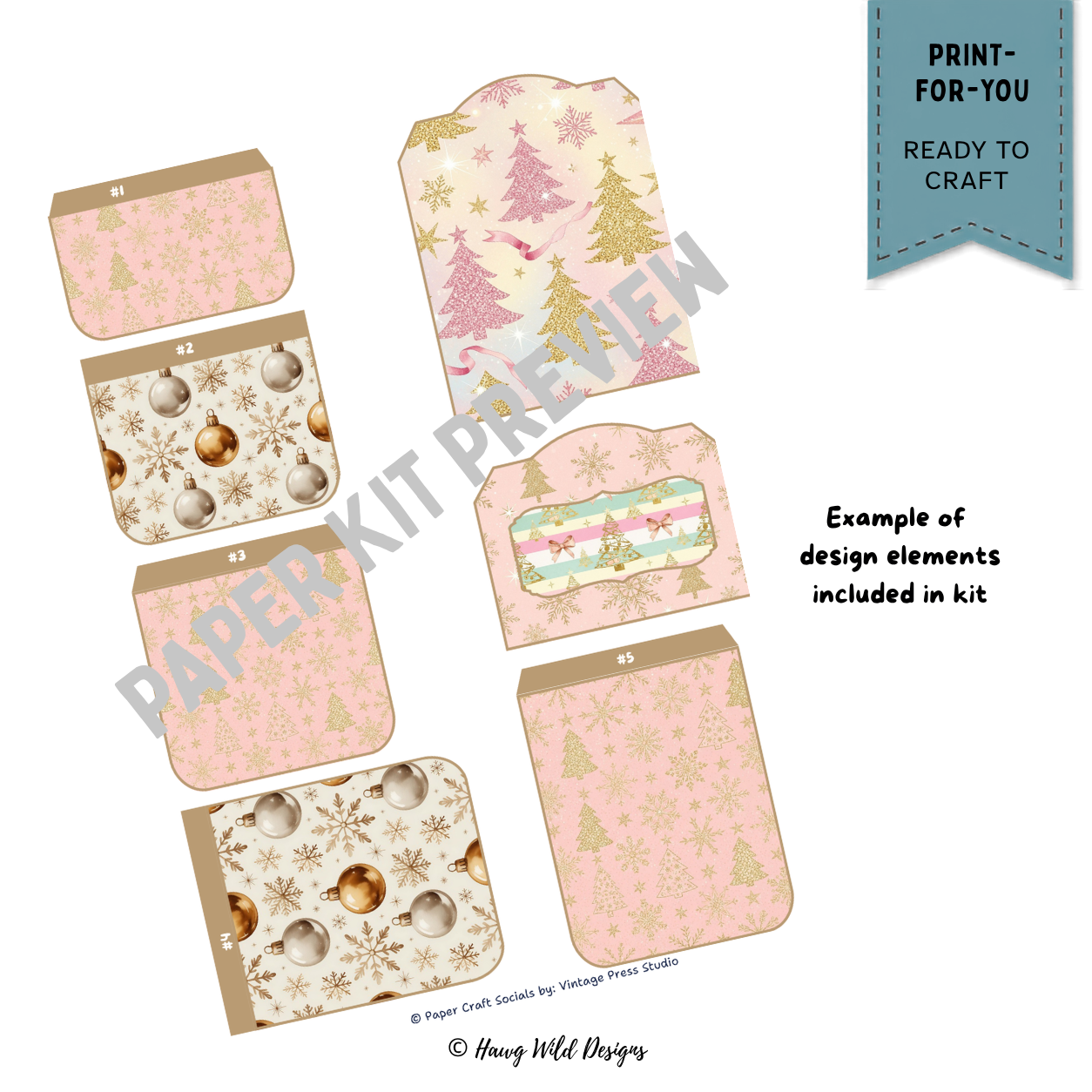 Vintage Christmas folio pockets and tags in pink and gold with Christmas trees, ornaments, snowflakes and bows