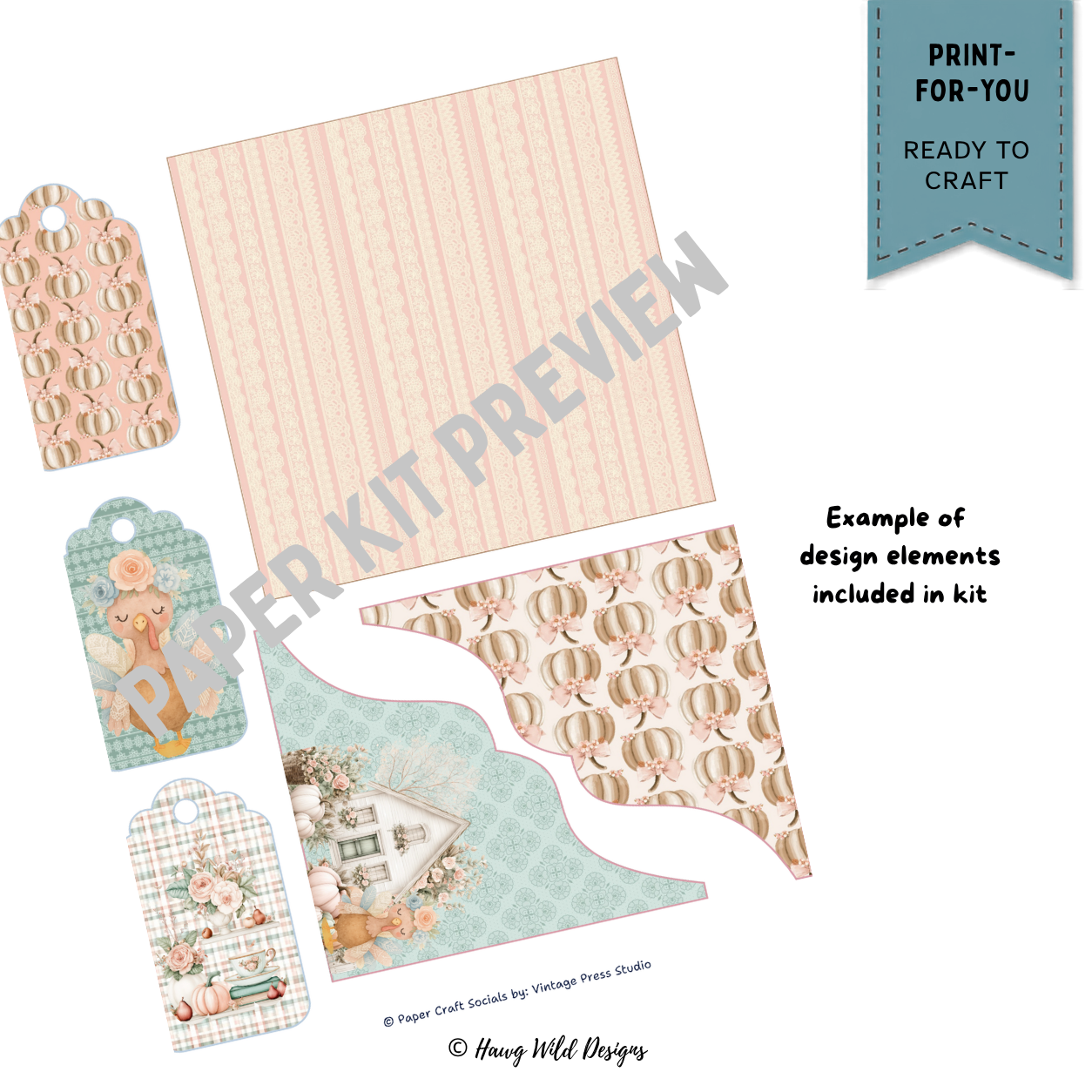 Fall journal tags and pockets with pastel pumpkins, plaid, floral farmhouse scene and soft lace-inspired patterns