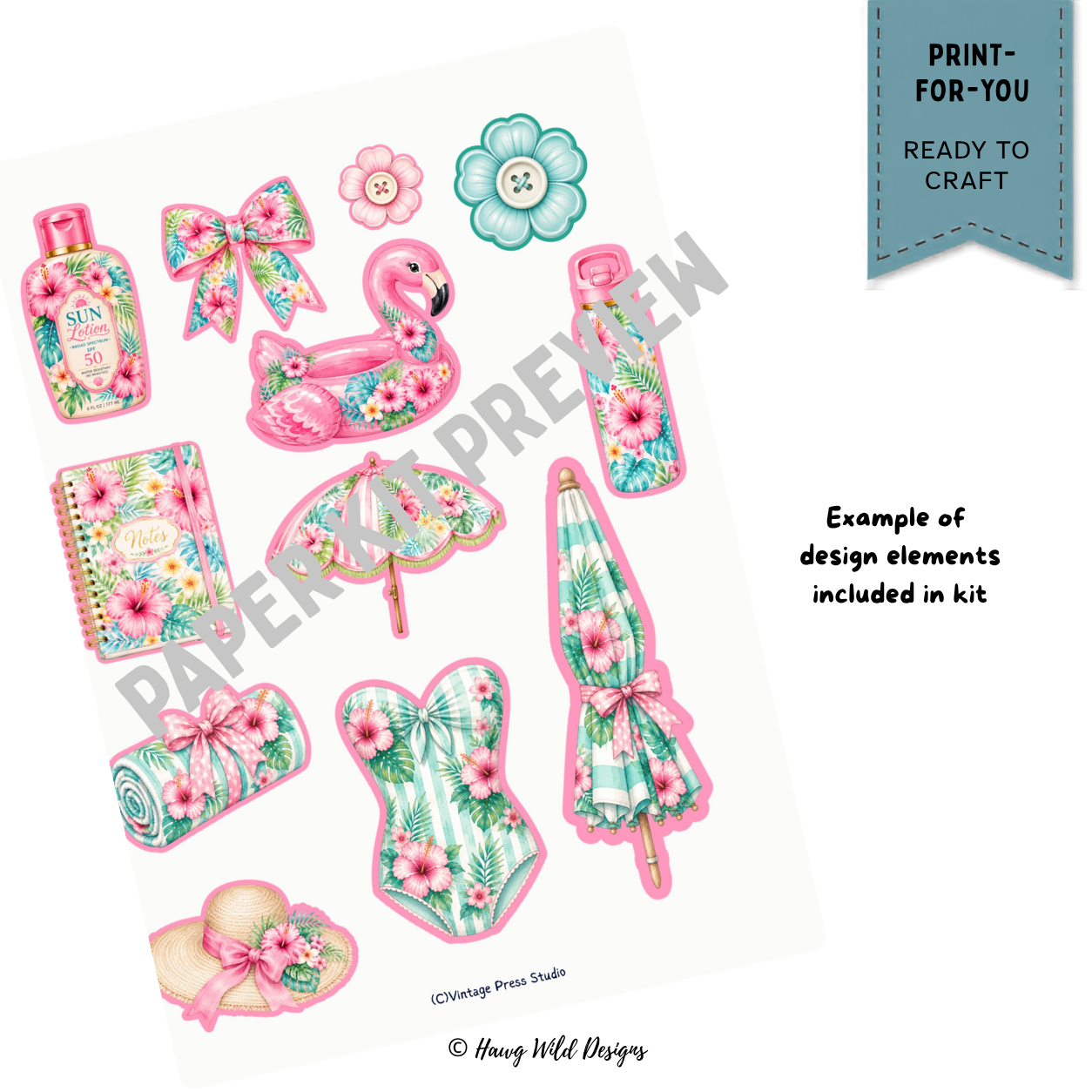 Tropical beach embellishments with flamingo float, sunscreen, umbrella and hibiscus accessories