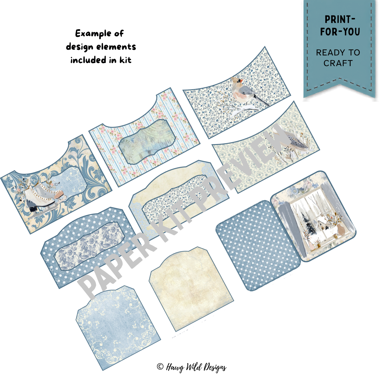 Blue and cream winter journal pockets with birds florals polka dots and snowy window scene