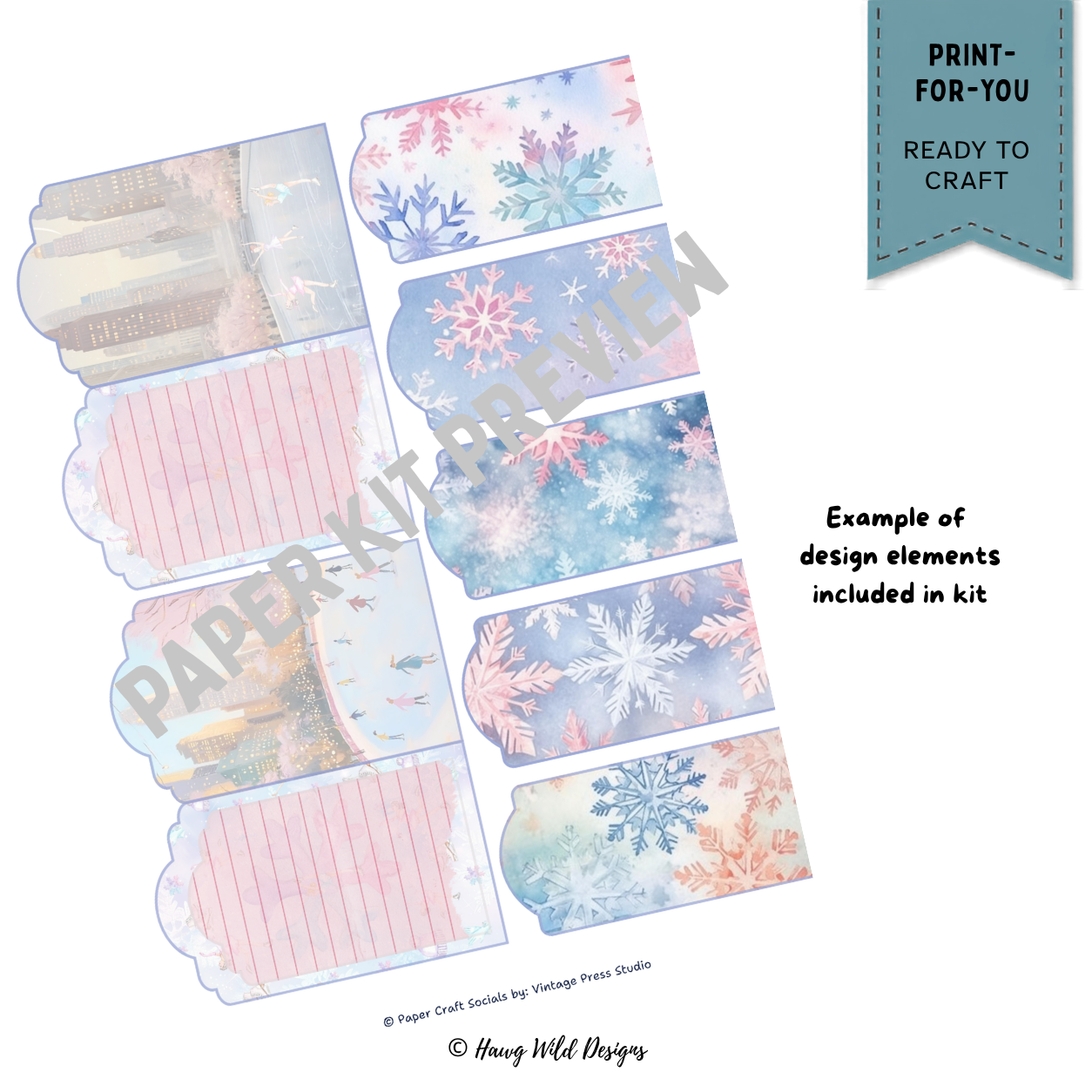Winter junk journal pockets and journaling pieces with pastel snowflakes skating scenes and city artwork