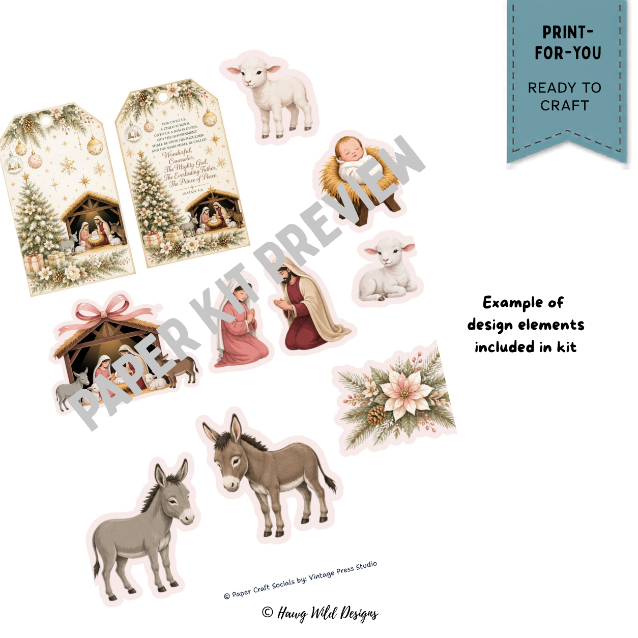 Silent Night Christmas paper craft ephemera with nativity gift tags, Mary and Joseph, baby Jesus, lambs, donkeys and poinsettia greenery
