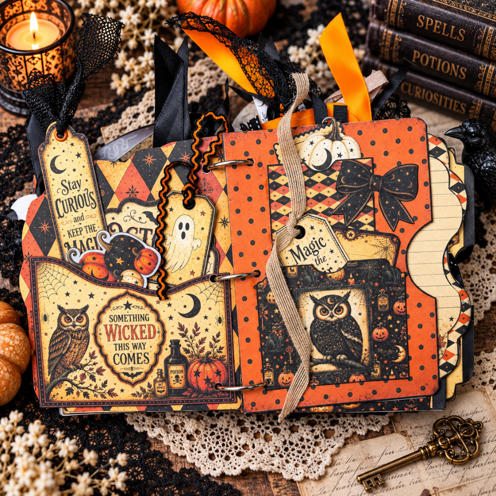 Book of Oddities and Curiosities Junk Journal open to layered Halloween pages with tags, pockets, black cat imagery, pumpkins, ribbons, and vintage orange and black patterns.