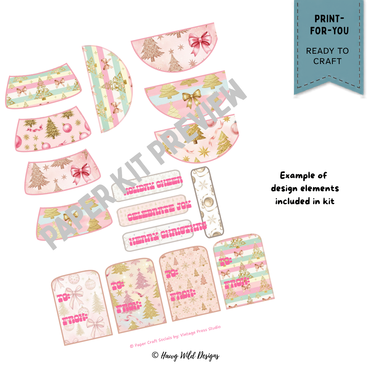 Snow Globe Gift Tags craft elements with pink and gold Christmas trees, bows, holiday sentiments and coordinating paper pieces