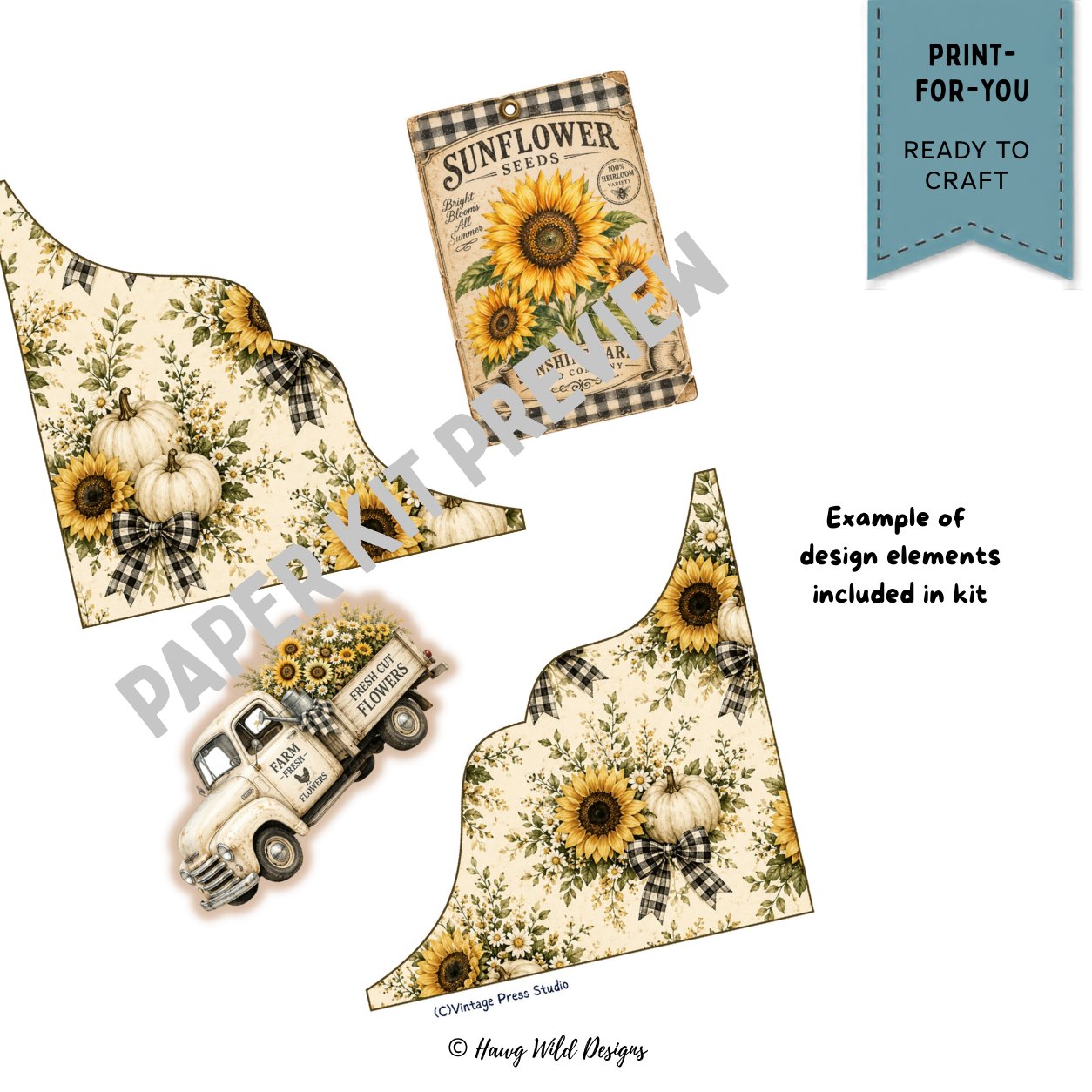 Where Sunflowers Bloom paper craft elements with sunflower pockets, vintage farm truck and sunflower seed tag