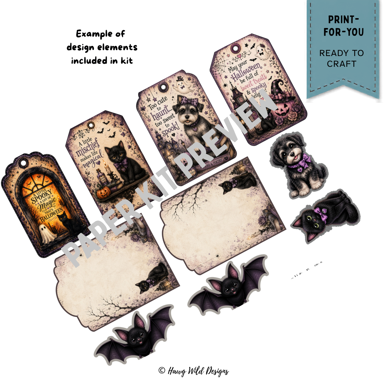 Halloween junk journal tags and ephemera with black cat, dog, bats, ghosts, pumpkins and vintage spooky sayings