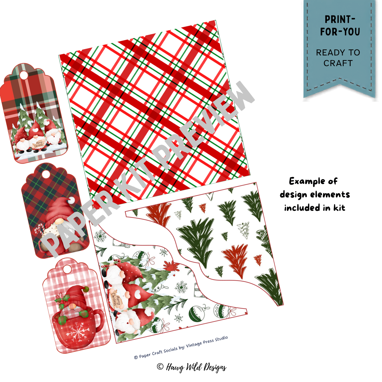 Gnomies Holiday Christmas journal tags and folio pieces with red plaid, holiday gnomes, trees and festive patterns