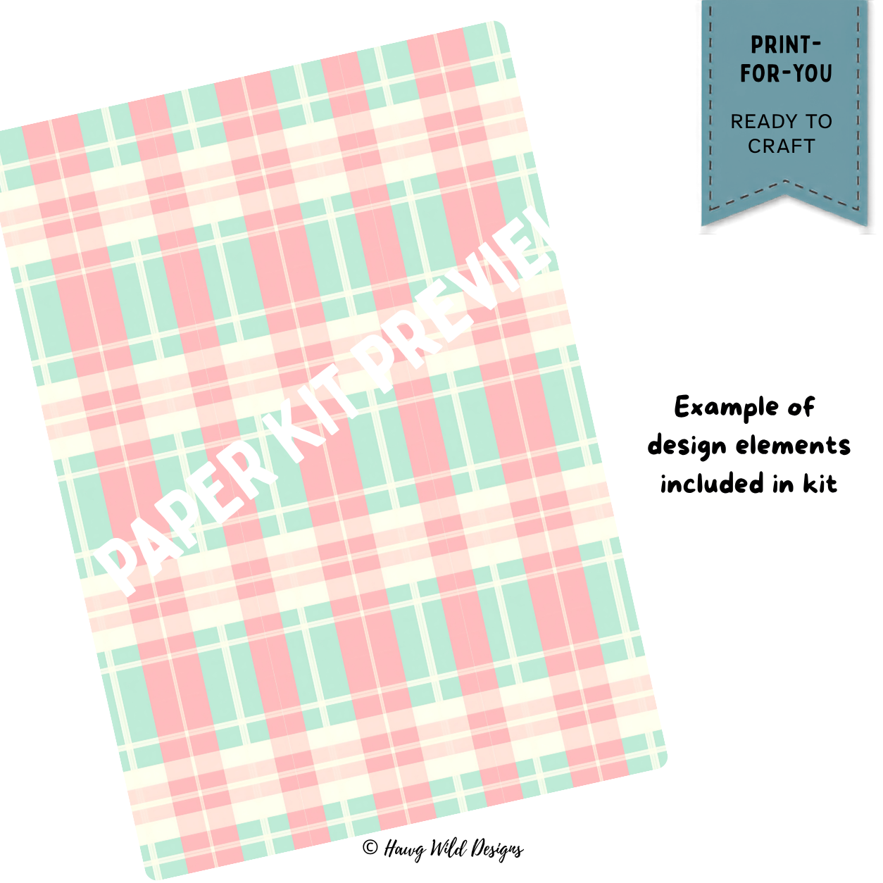 Pink mint cream and coral plaid Christmas patterned paper from the Ugly Sweater Party 3D Folio Card kit