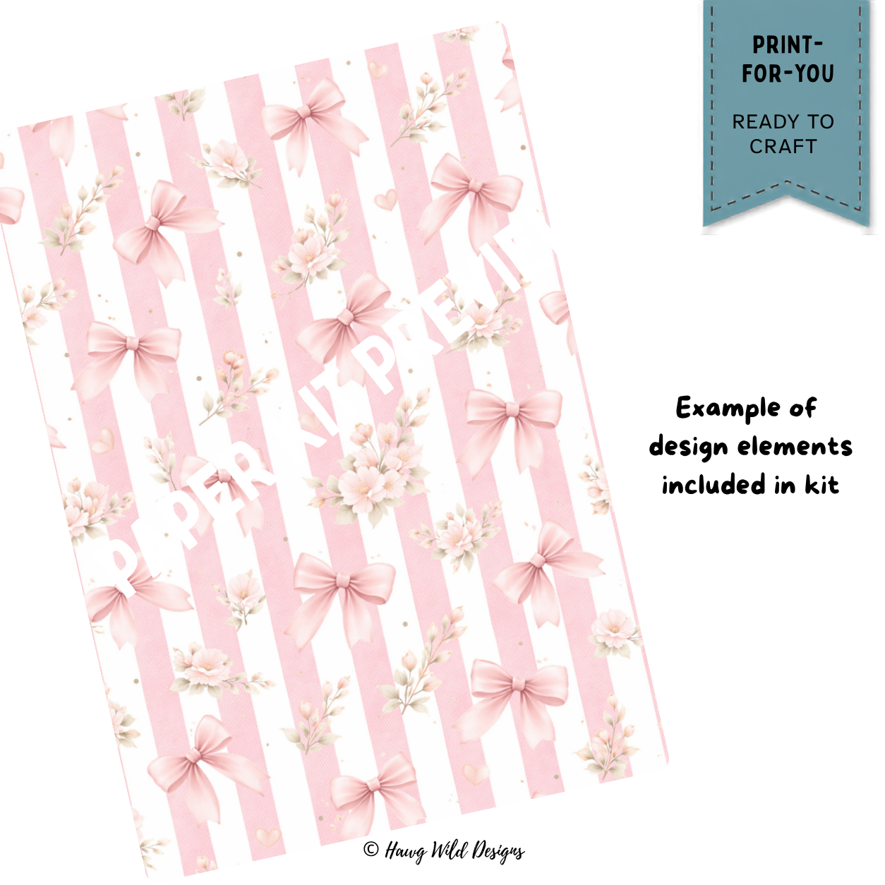 Pink and white striped farmhouse paper with blush bows, delicate flowers and hearts for Lil’ Moo-la Farm 3D folio card