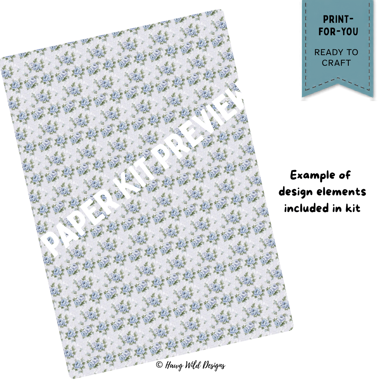 Soft blue rose shabby chic patterned paper from January Moments collection