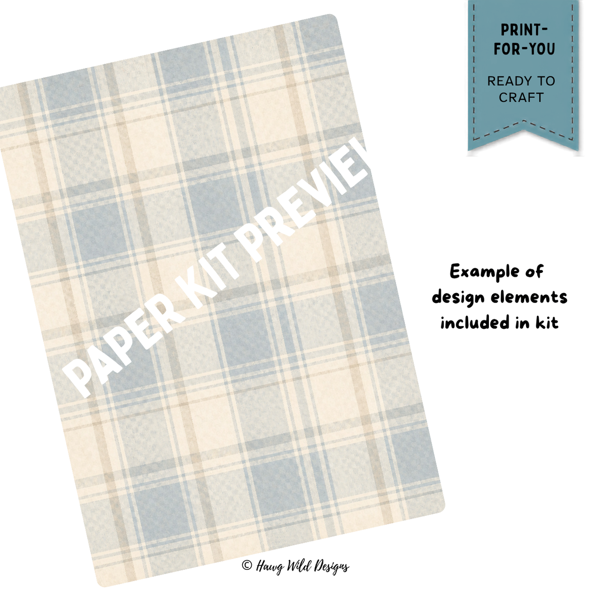 Soft vintage blue and cream plaid patterned paper from the Happy Mail Loaded Tags paper craft kit