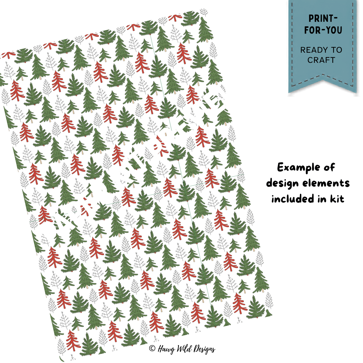 Gnomies Holiday Christmas paper pattern with green and red evergreen trees on white background for festive paper crafting
