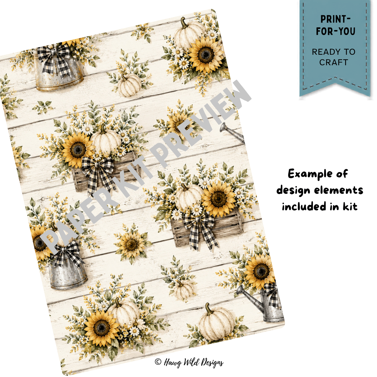 Farmhouse sunflower patterned paper with white pumpkins, daisies, greenery and black gingham bows on rustic white wood