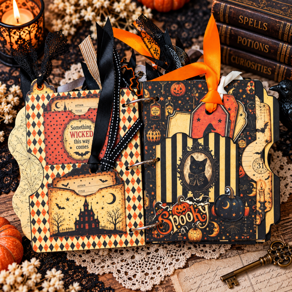 Book of Oddities and Curiosities Junk Journal open to interactive Halloween pages with owls, ghosts, pumpkins, pockets, tags, ribbons, and vintage orange, cream, and black designs.