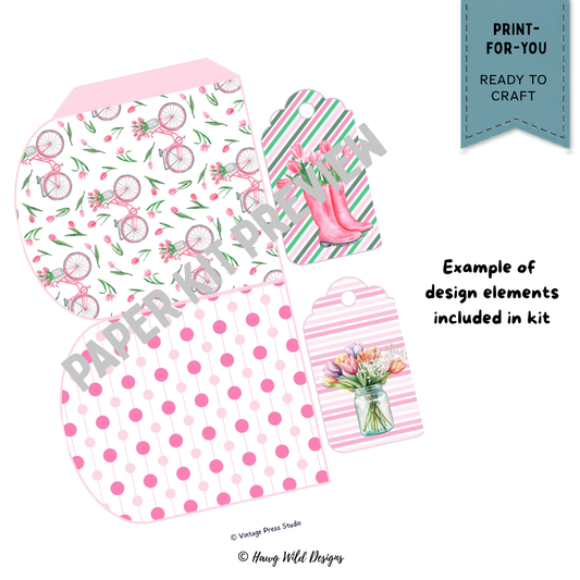 Christian junk journal pocket page with pink bicycle and tulip pattern plus striped floral tags from the Bundle of Faith Mega Pack