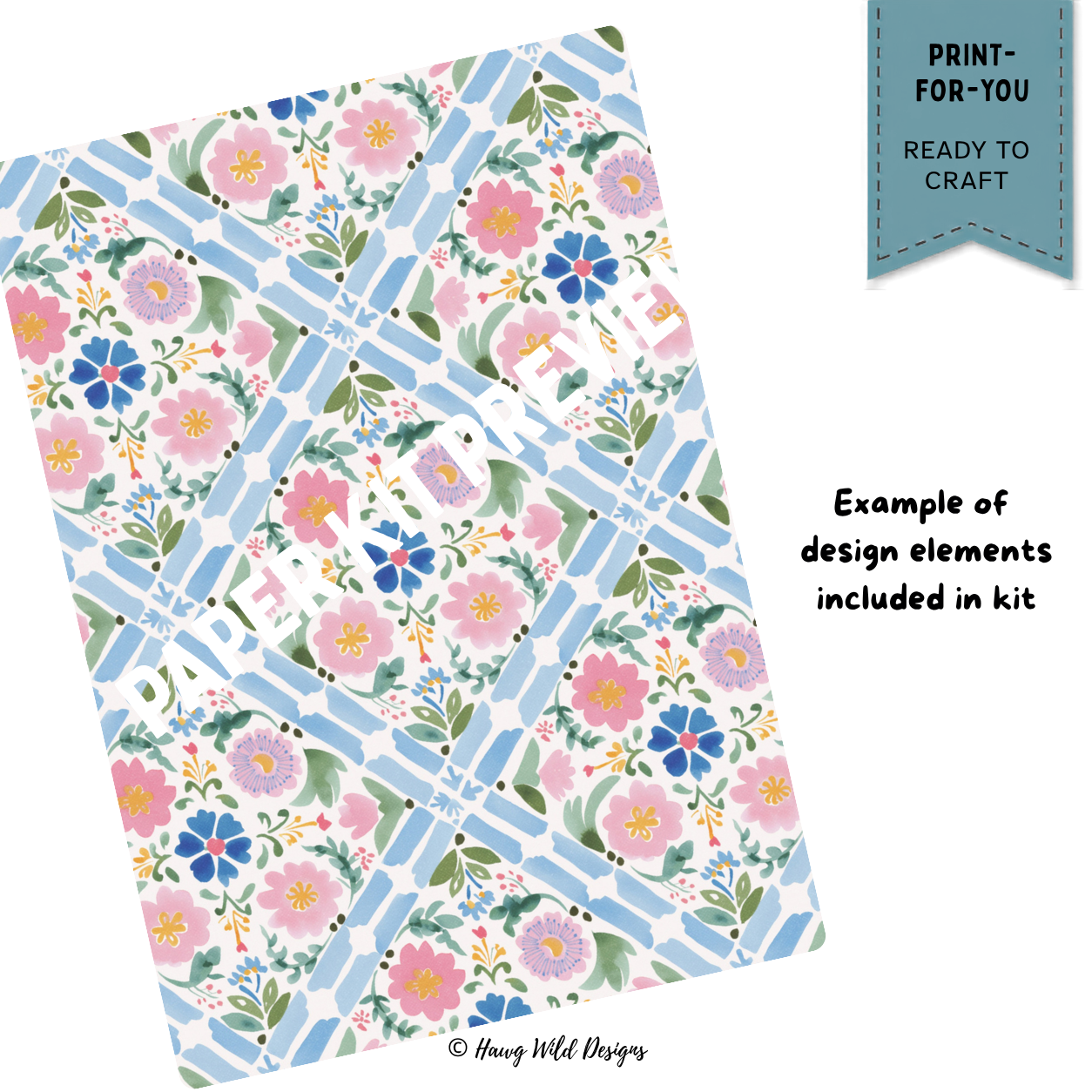 Colorful watercolor floral patterned paper in blue, pink and green for the Afternoon Tea Junk Journal paper craft kit