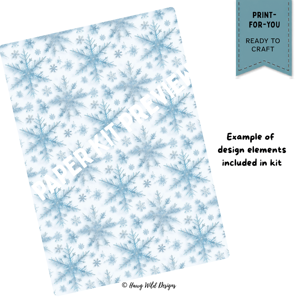 Soft blue glitter-style snowflake patterned paper for winter junk journal crafting