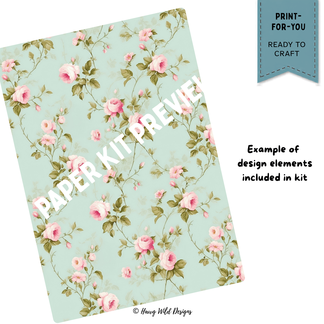 Soft aqua patterned paper with trailing pink roses for vintage tea and junk journal paper crafts